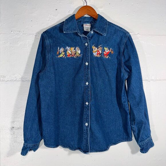 Vintage Disney Store Seven Dwarfs Embroidered Denim Shirt Button Front M - Picture 2 of 11